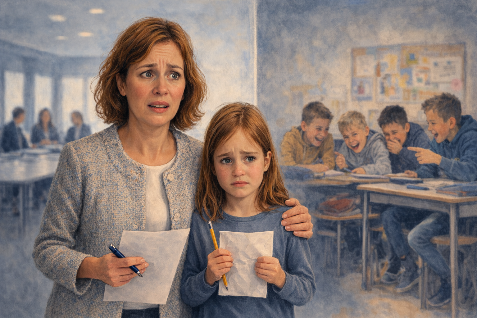 Vuxen kvinna rädd att tala står i mötesrum och minns när hon blev utskrattad i skolan när hon skulle läsa högt. Pojkar skrattar i bakgrunden.