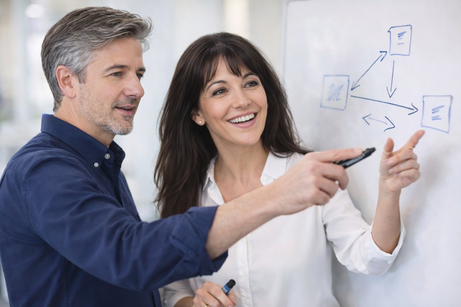 Man kvinna talar pekar på whiteboard