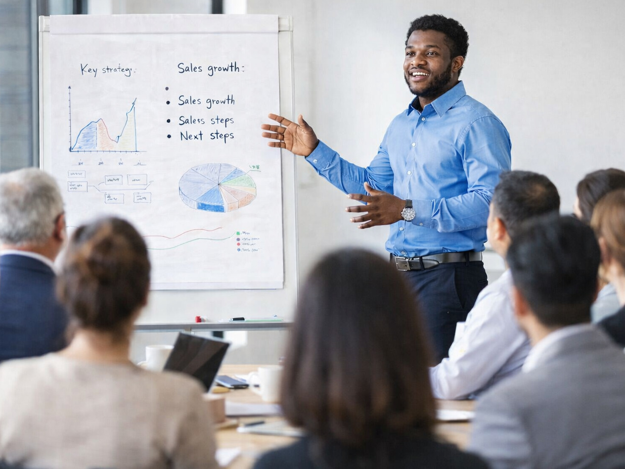 Man vid blädderblock talar inför en grupp kollegor